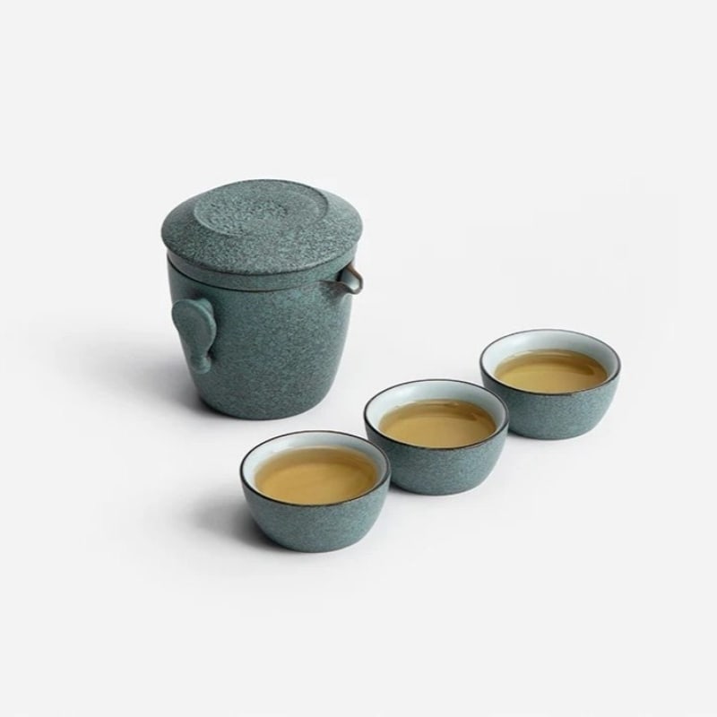 Ceramic Teapot Set with 3 Cups - Portable Travel Tea Companion