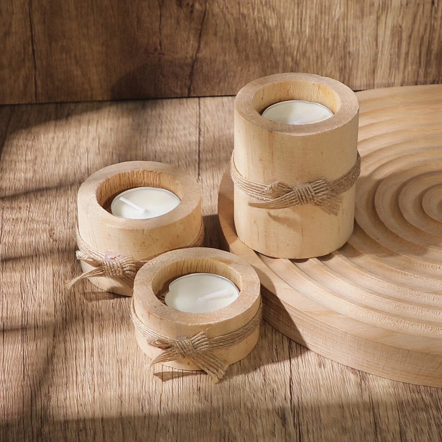 3pcs Pine Wood Natural Candle Holders