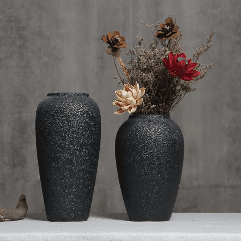 Striking Dried Flower Display: Black Frosted Ceramic Vase (Living Room)