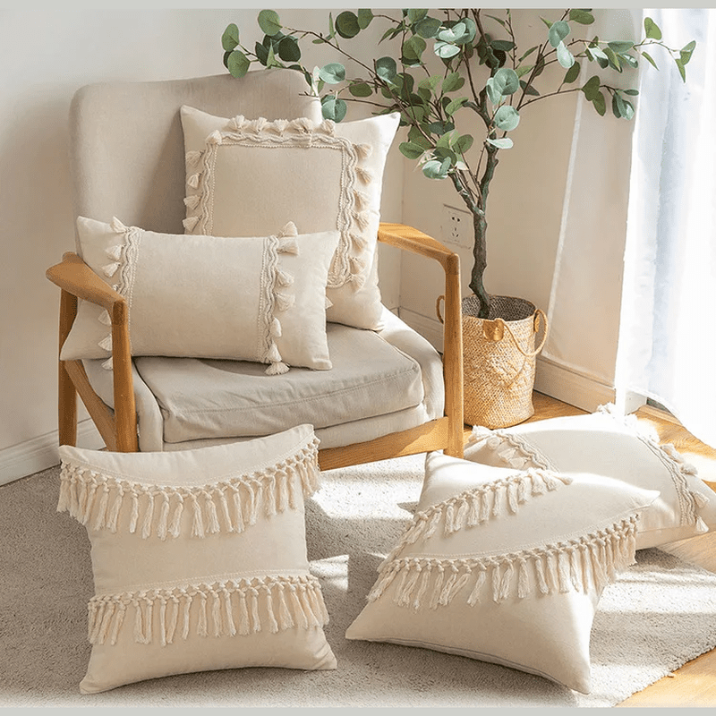 Beige Tufted Cushion Cover - Wabi-Sabi Tassel Crochet Decor