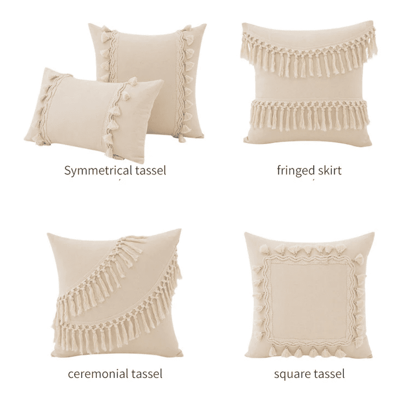 Beige Tufted Cushion Cover - Wabi-Sabi Tassel Crochet Decor