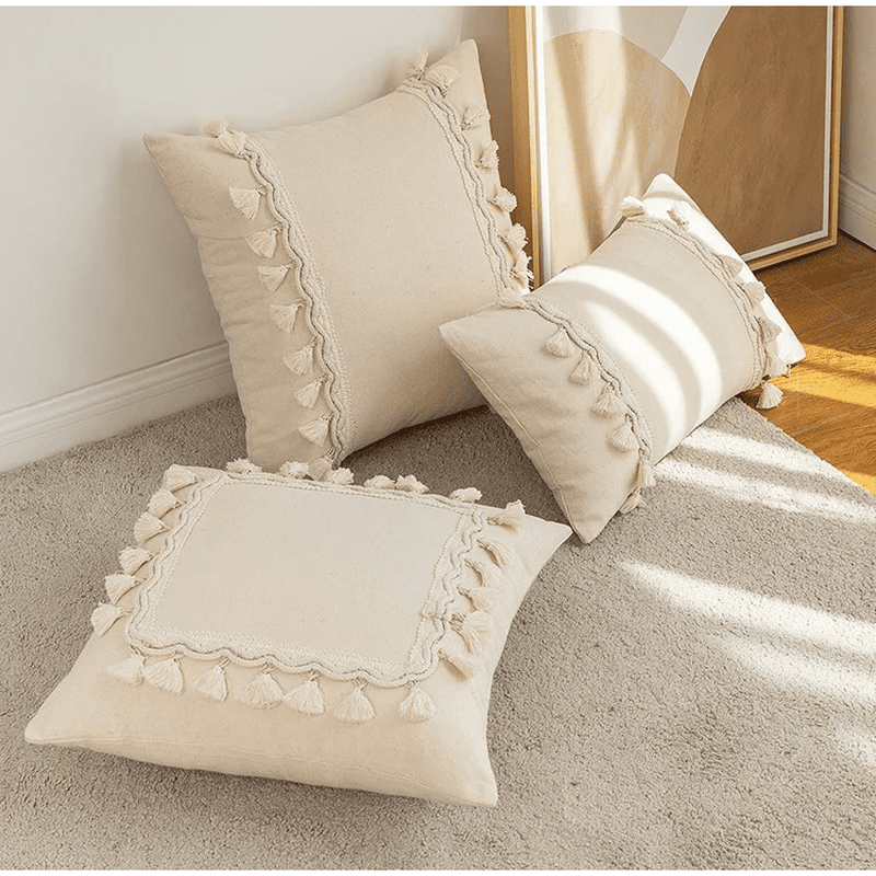 Beige Tufted Cushion Cover - Wabi-Sabi Tassel Crochet Decor