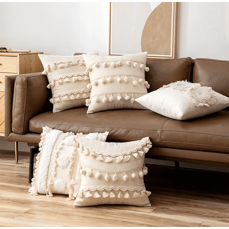 Beige Tufted Cushion Cover - Wabi-Sabi Tassel Crochet Decor