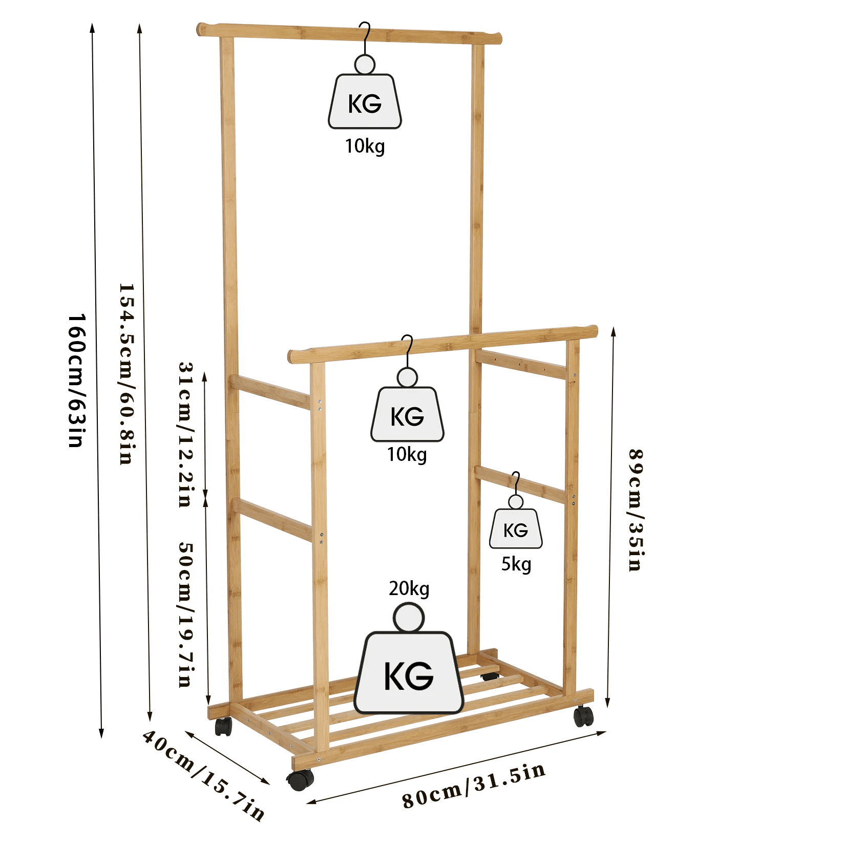 Japandi Organization: Bamboo Garment Rack (Double Rails, Storage Shelves)