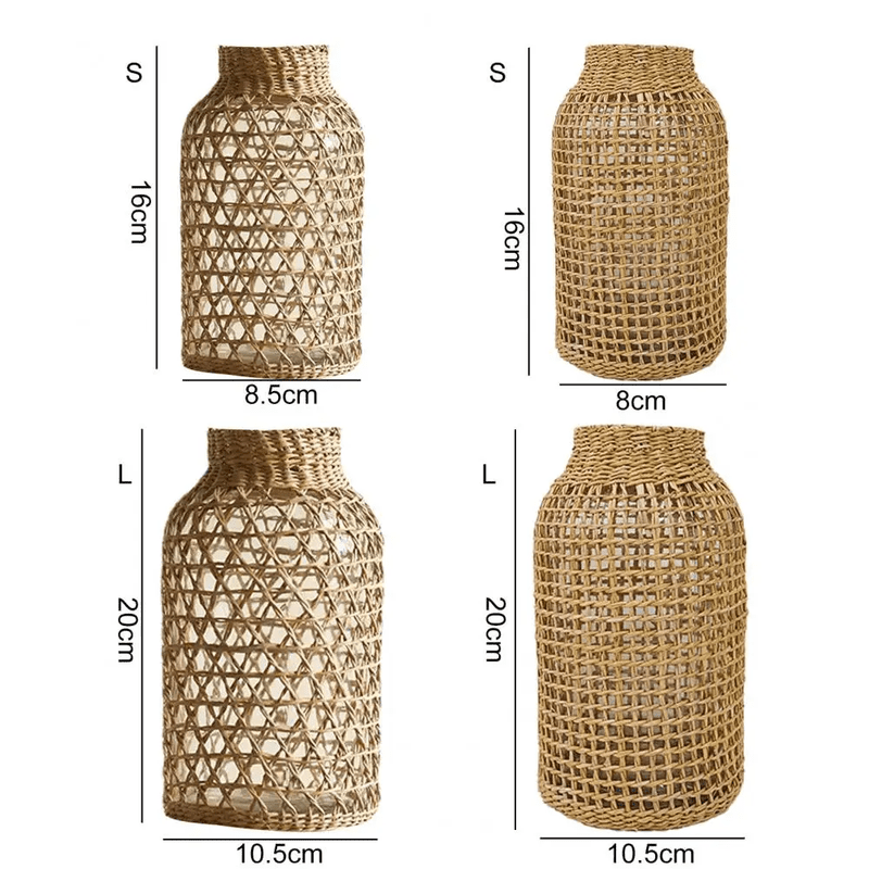 Japandi Style Glass Vase with Straw Woven Design