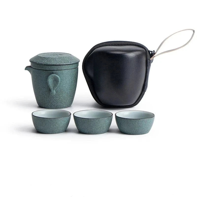 Ceramic Teapot Set with 3 Cups - Portable Travel Tea Companion