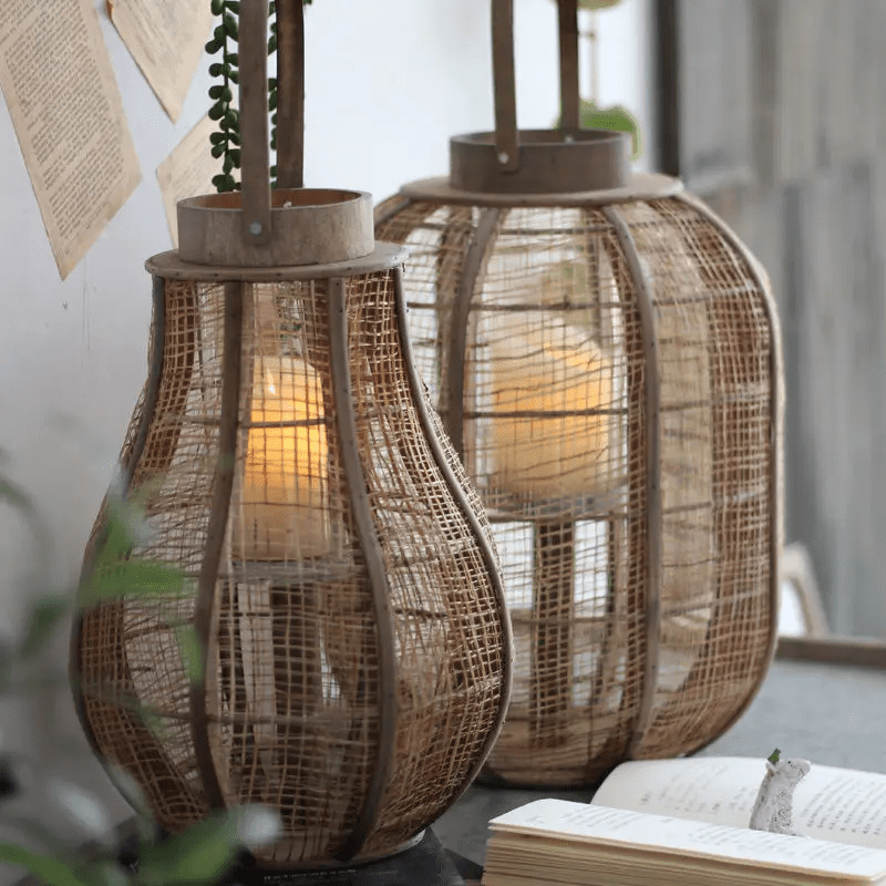 Vintage Wooden Wind Lamp Lantern - Hemp Silk Hand-Woven for Teahouse Decor