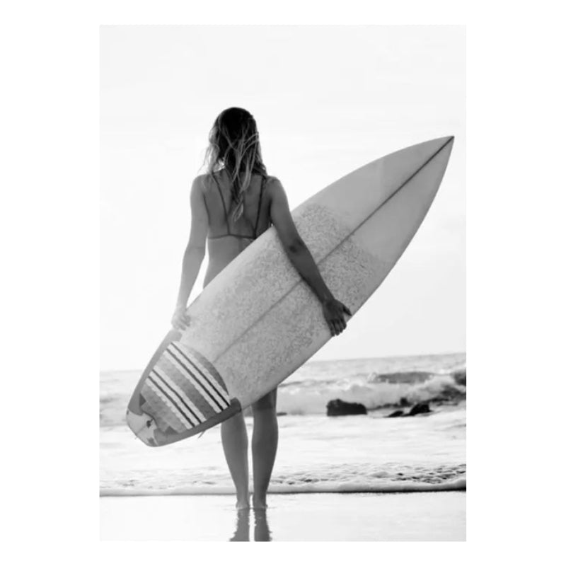 Japandi Coastal: Textured Seascape Canvas (Beach, Girl, Surfboard)