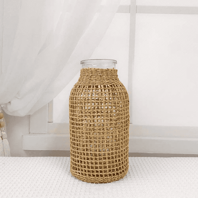 Japandi Style Glass Vase with Straw Woven Design