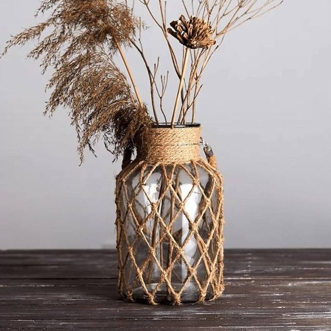 Hand-Woven Twine Glass Clear Vase for Vintage Home Decor