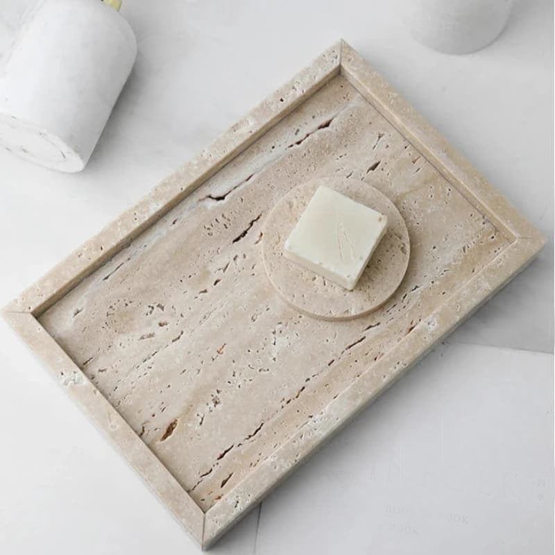 Natural Serenity Tray: Travertine Organizer for Japandi Bathroom