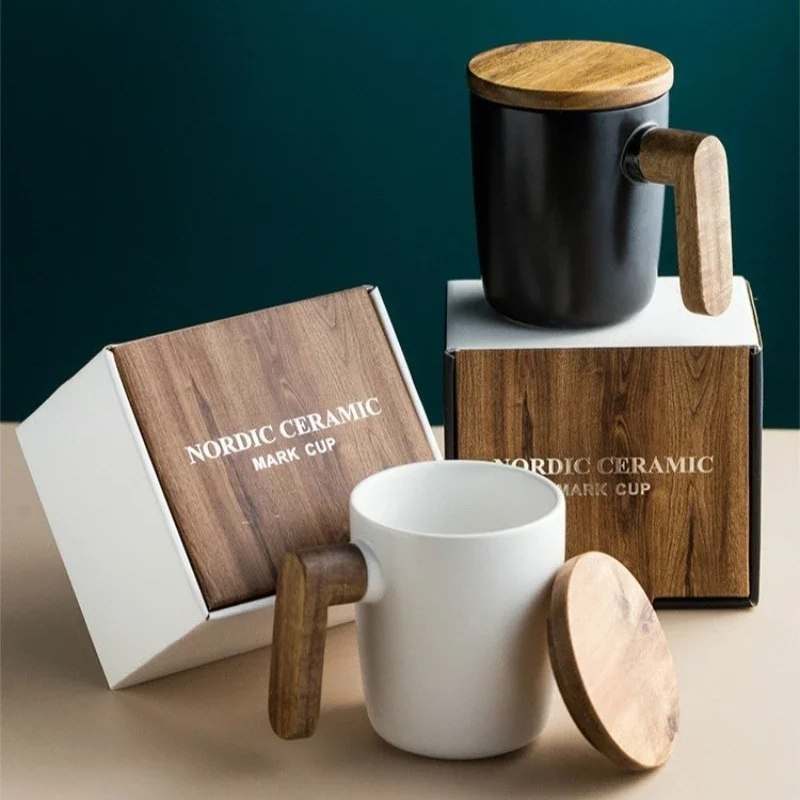 Wooden Handle Mugs (2pcs): Ceramic, Nordic Retro (350ml)