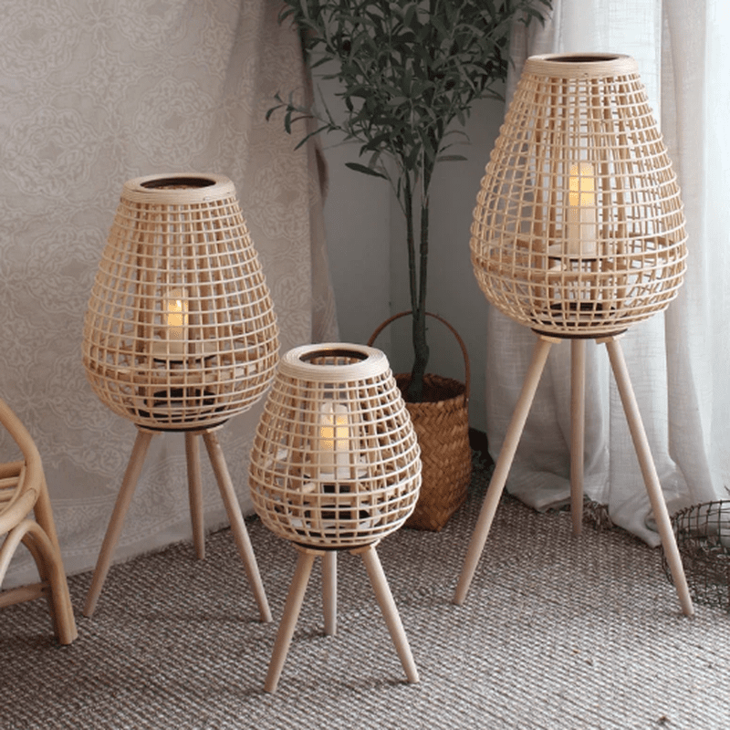 Japandi Style Rattan Floor Lamp - Patio Decorative Candle Holder