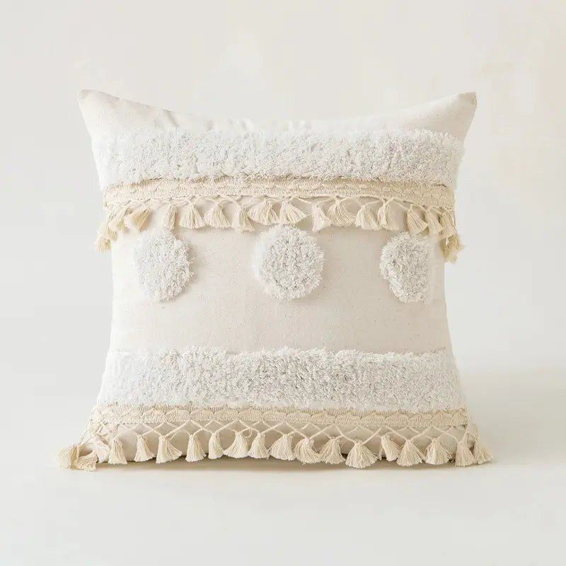 Beige Tufted Cushion Cover - Wabi-Sabi Tassel Crochet Decor