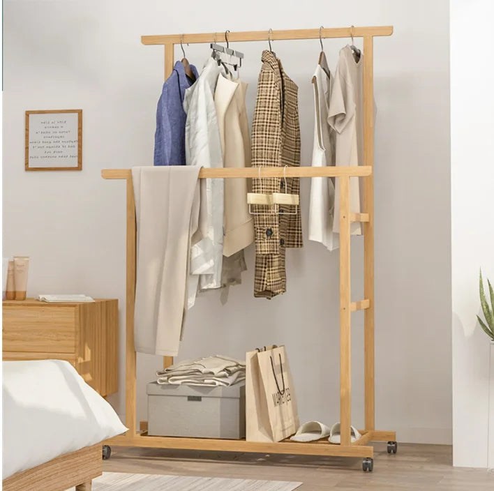 Japandi Organization: Bamboo Garment Rack (Double Rails, Storage Shelves)