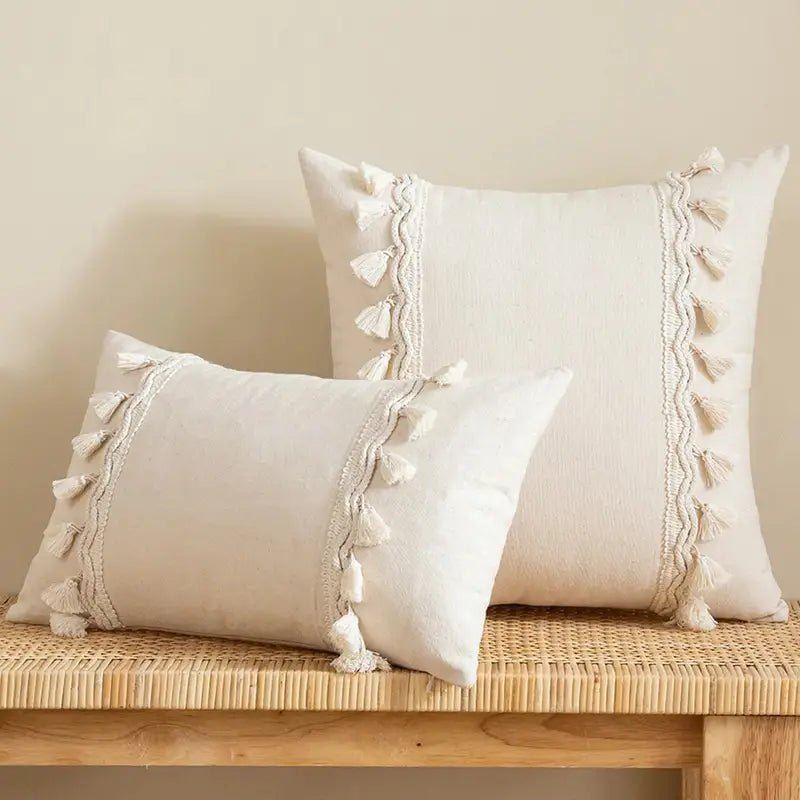 Beige Tufted Cushion Cover - Wabi-Sabi Tassel Crochet Decor