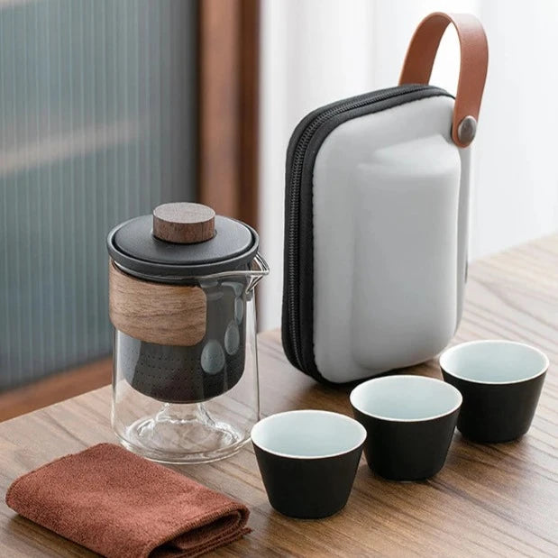 Travel Tea Set with Carrying Bag - Glass Teapot and Ceramic Cups