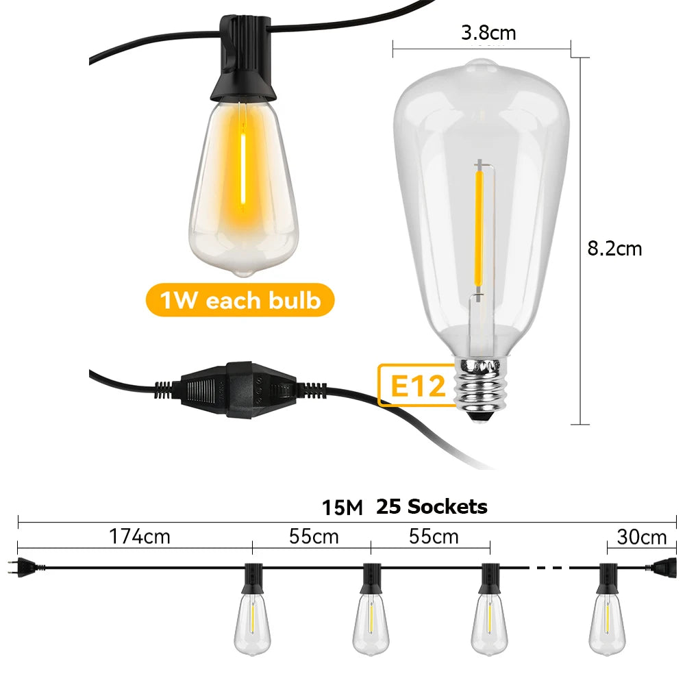 ST38 LED Globe String Light, 15 M - 30 M, Indoor/Outdoor