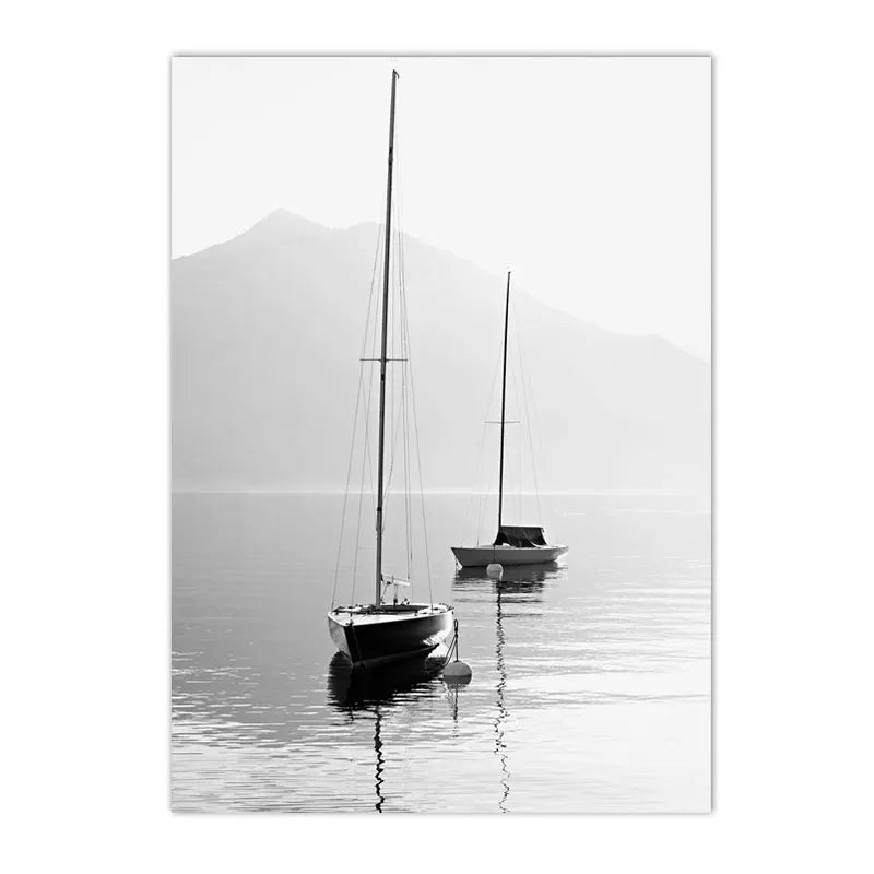 Japandi Serenity: Textured Landscape Canvas for Tranquility (Mountain, Lake, Boat)