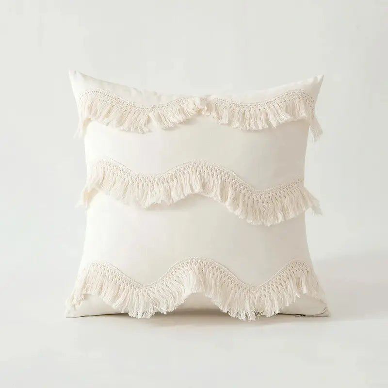 Beige Tufted Cushion Cover - Wabi-Sabi Tassel Crochet Decor