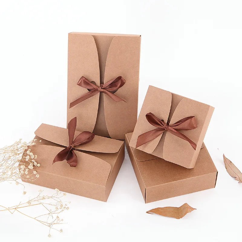 Kraft Paper Gift Boxes with Ribbon - Set of 10