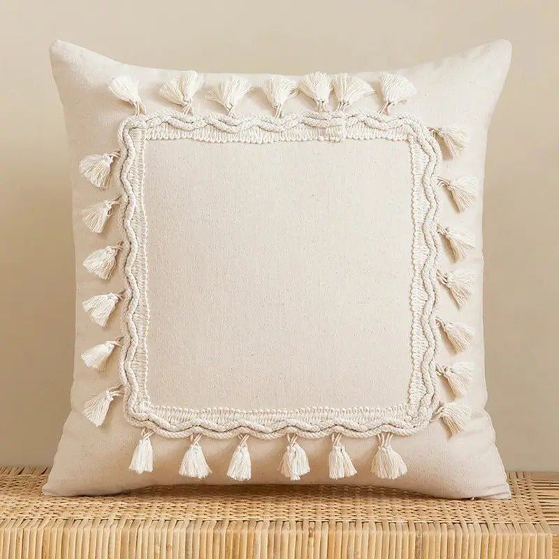 Beige Tufted Cushion Cover - Wabi-Sabi Tassel Crochet Decor