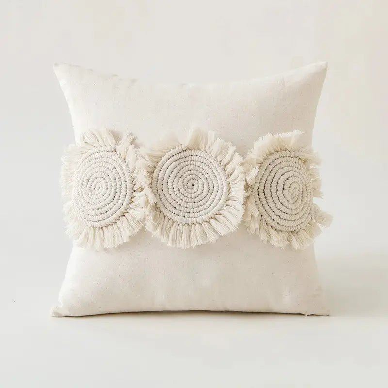 Beige Tufted Cushion Cover - Wabi-Sabi Tassel Crochet Decor