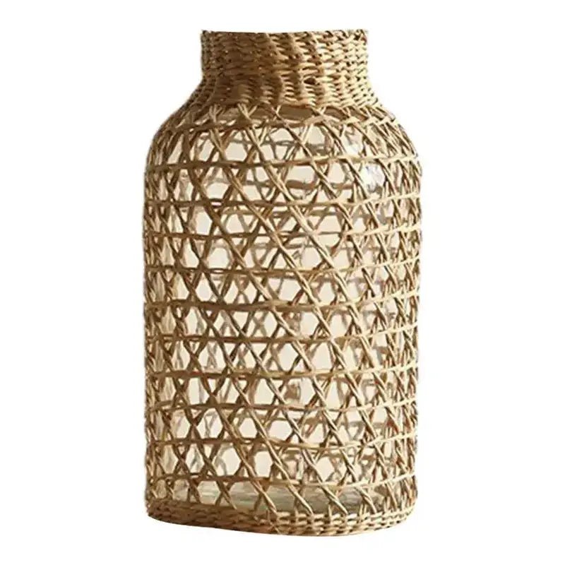 Japandi Style Glass Vase with Straw Woven Design