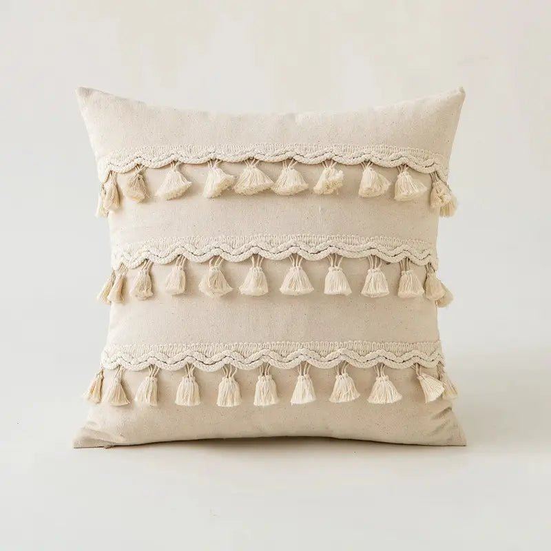 Beige Tufted Cushion Cover - Wabi-Sabi Tassel Crochet Decor