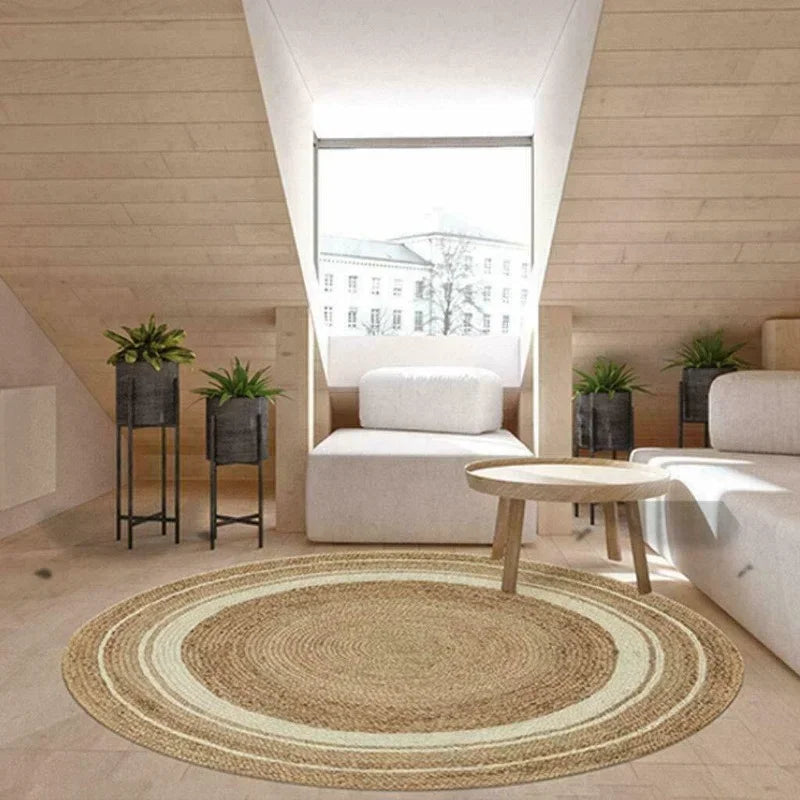 Natural Jute Round Rug, Braided Reversible Modern Area Rug