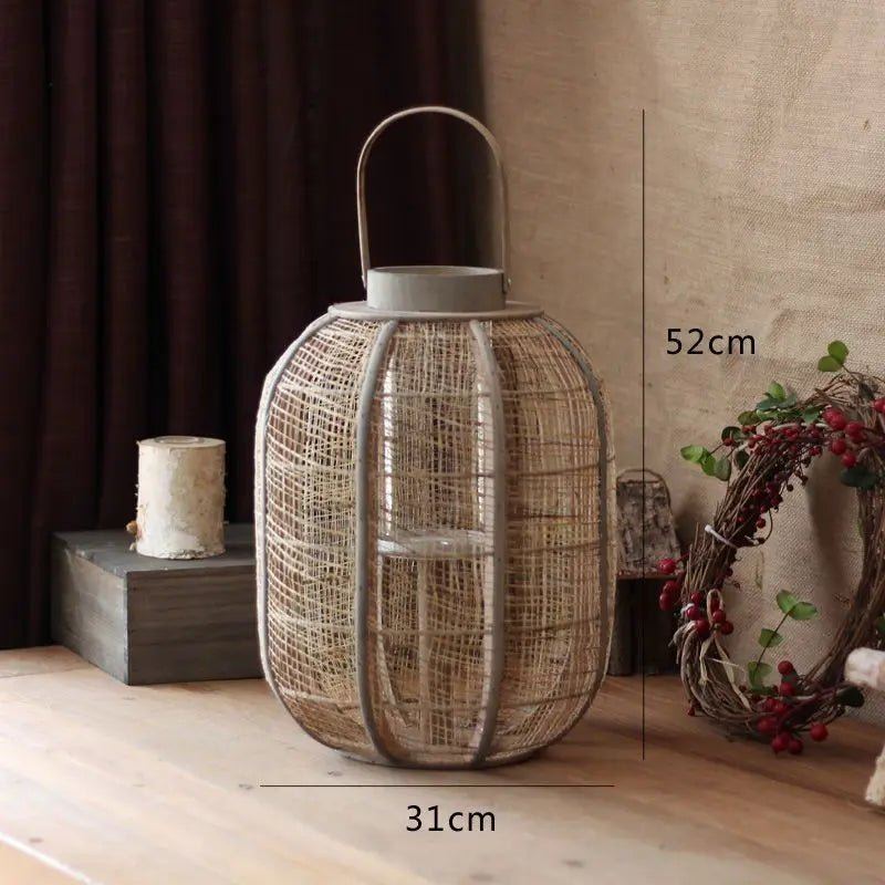 Vintage Wooden Wind Lamp Lantern - Hemp Silk Hand-Woven for Teahouse Decor