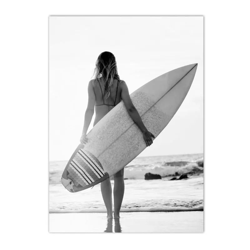 Japandi Coastal: Textured Seascape Canvas (Beach, Girl, Surfboard)