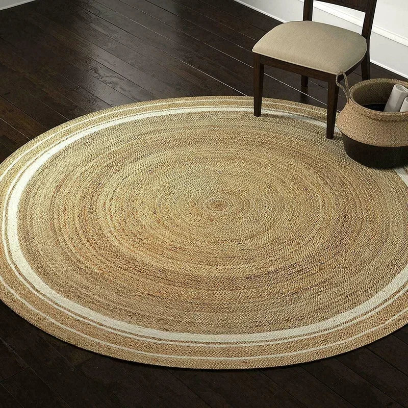 Natural Jute Round Rug, Braided Reversible Modern Area Rug