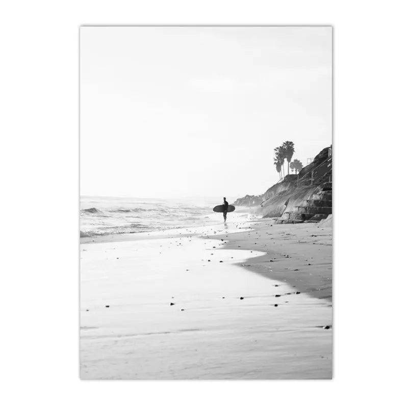 Japandi Coastal: Textured Seascape Canvas (Beach, Girl, Surfboard)