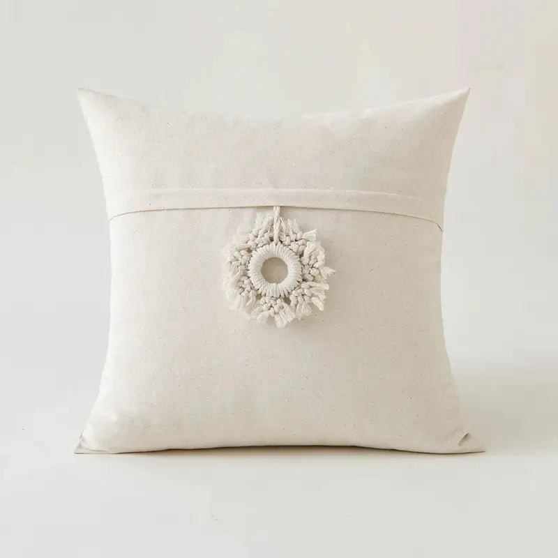 Beige Tufted Cushion Cover - Wabi-Sabi Tassel Crochet Decor