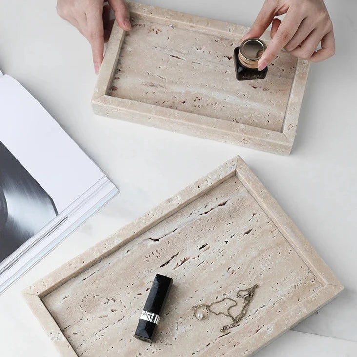 Natural Serenity Tray: Travertine Organizer for Japandi Bathroom