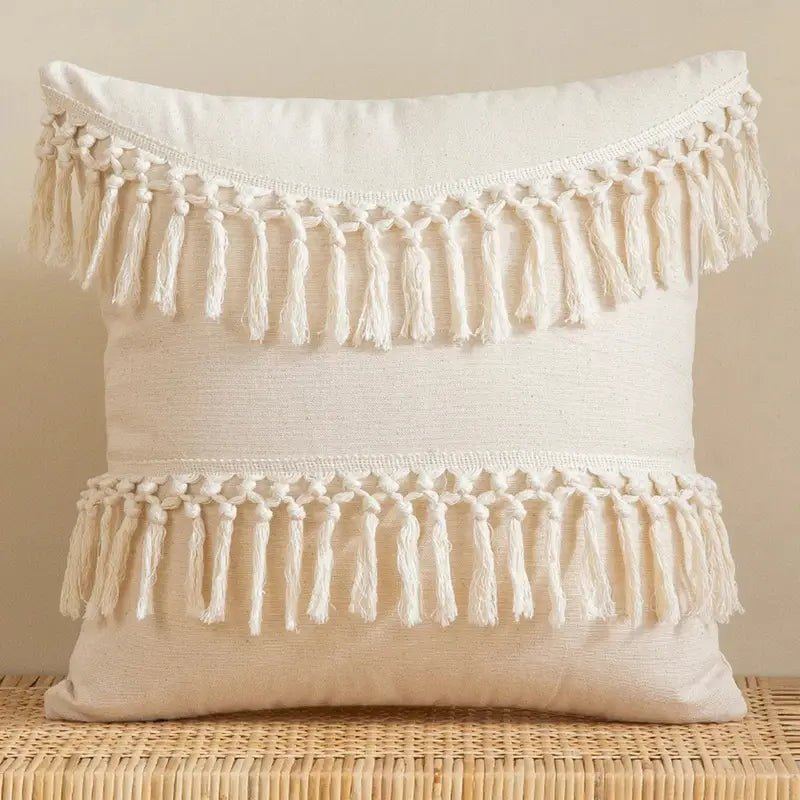 Beige Tufted Cushion Cover - Wabi-Sabi Tassel Crochet Decor