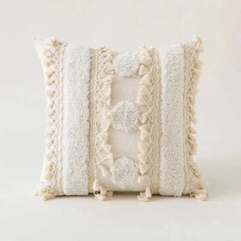 Beige Tufted Cushion Cover - Wabi-Sabi Tassel Crochet Decor