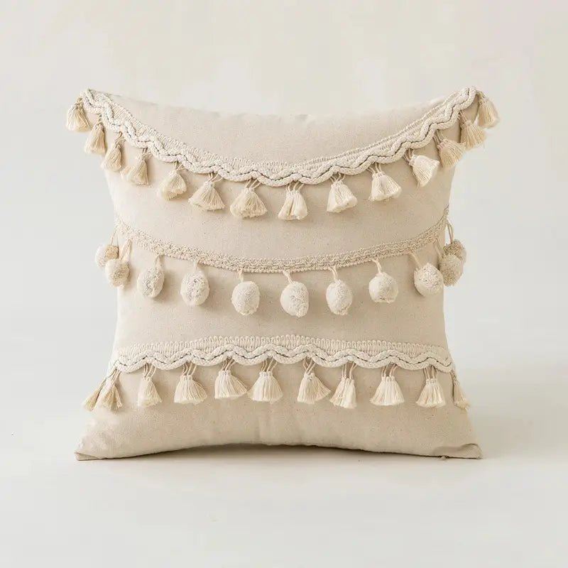 Beige Tufted Cushion Cover - Wabi-Sabi Tassel Crochet Decor