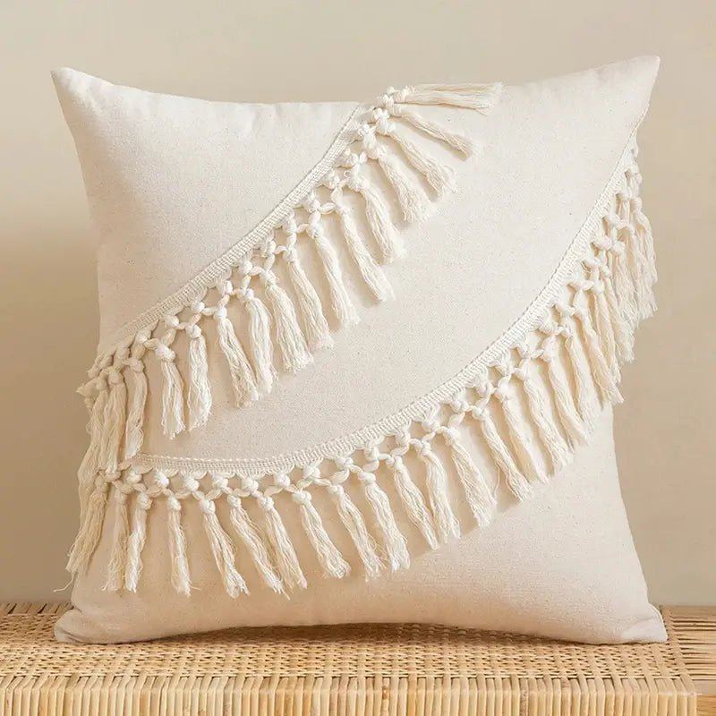 Beige Tufted Cushion Cover - Wabi-Sabi Tassel Crochet Decor