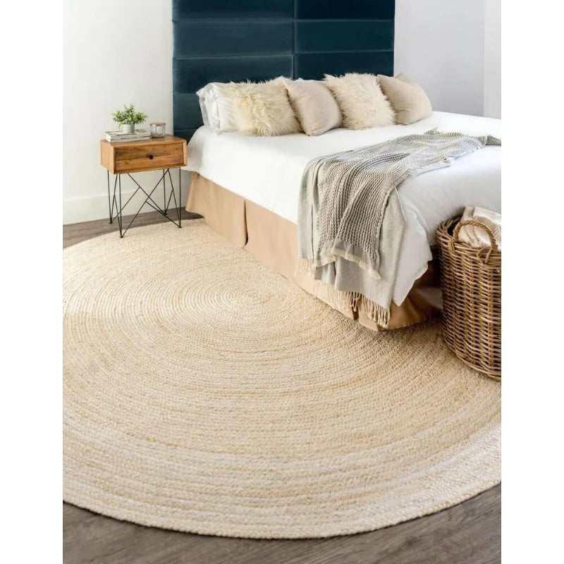 Round Reversible Jute Braided White Rug - Farmhouse Area Carpet for Bedroom