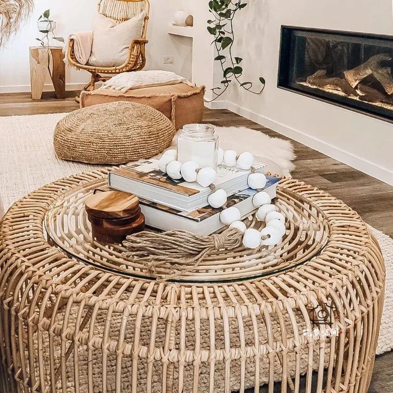 Retro Rattan Round Glass Coffee Table: Wabi-Sabi Garden Decor