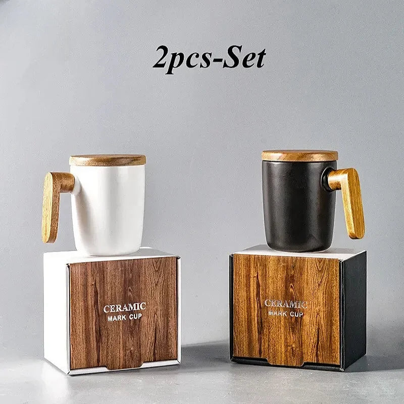 Wooden Handle Mugs (2pcs): Ceramic, Nordic Retro (350ml)