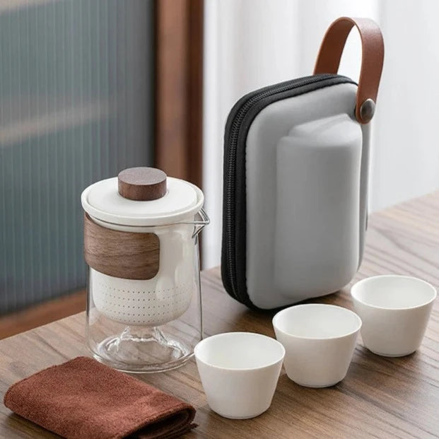 Travel Tea Set with Carrying Bag - Glass Teapot and Ceramic Cups