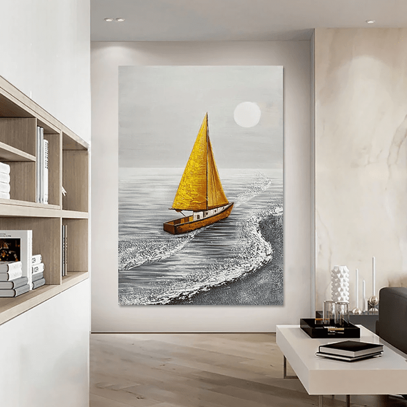 Coastal Escape: Textured Abstract Seascape (Sailboat, Hand-Painted)