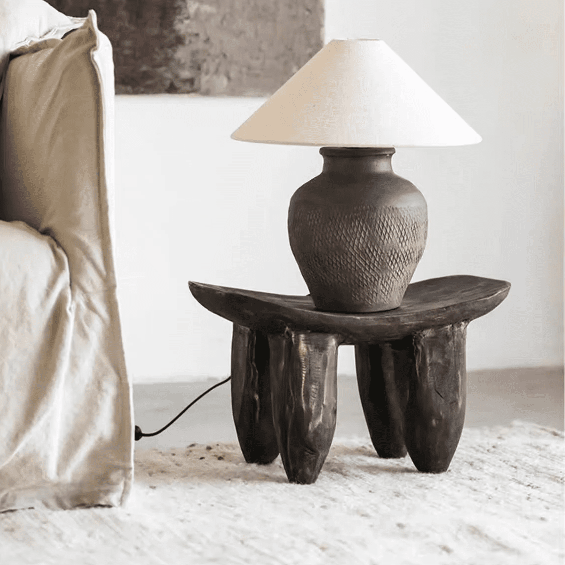 Rustic Elegance: Wabi-Sabi Accent Stool (Solid Wood, Japandi)