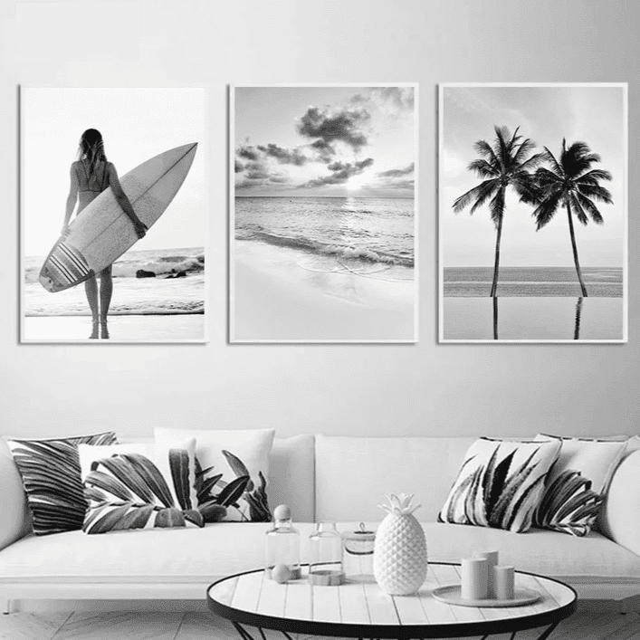 Japandi Coastal: Textured Seascape Canvas (Beach, Girl, Surfboard)