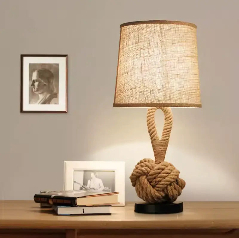 Modern Wicker Table Lamp with Fabric Shade for Living Room