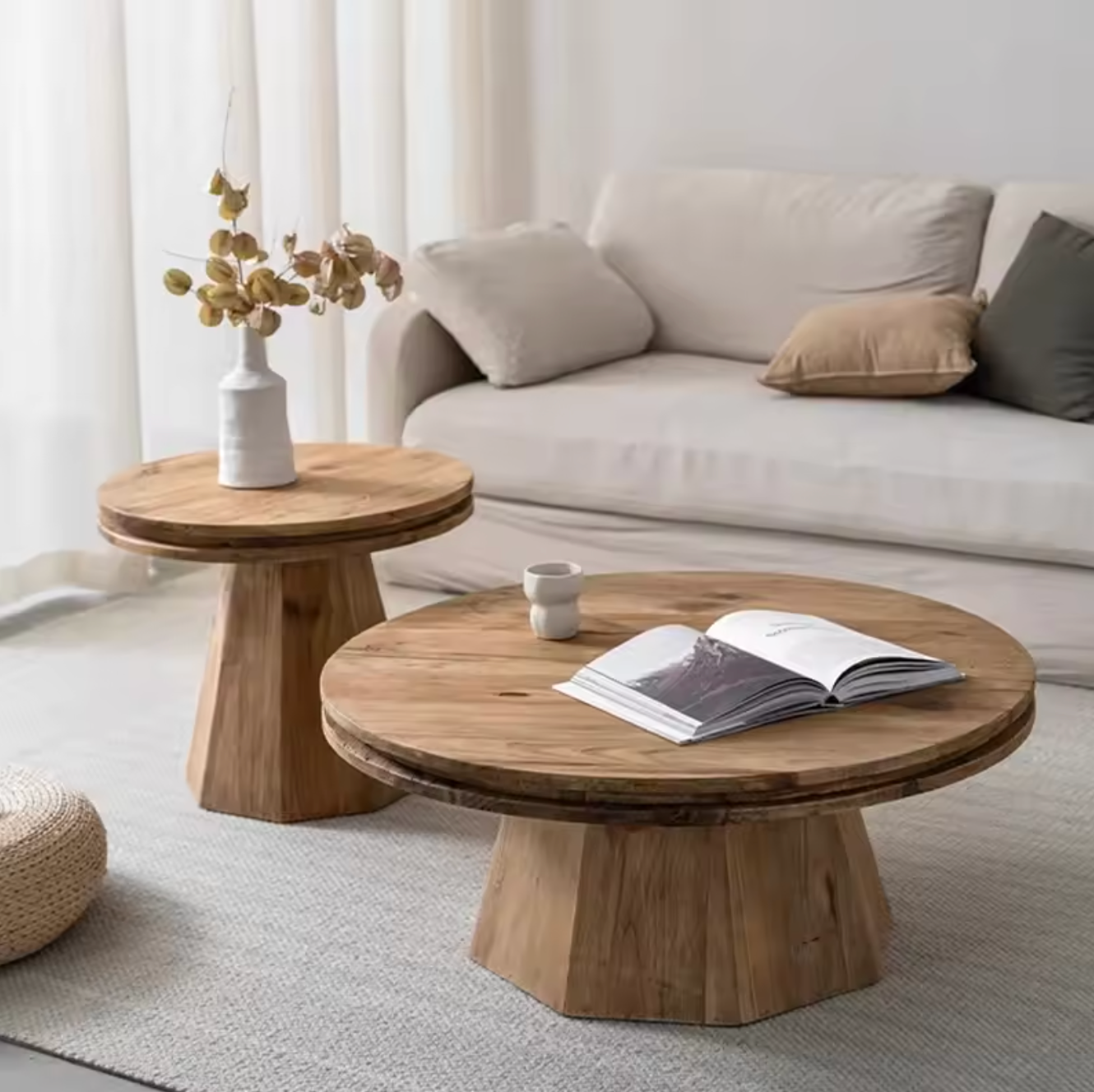 French Vintage Wooden Round Coffee Table