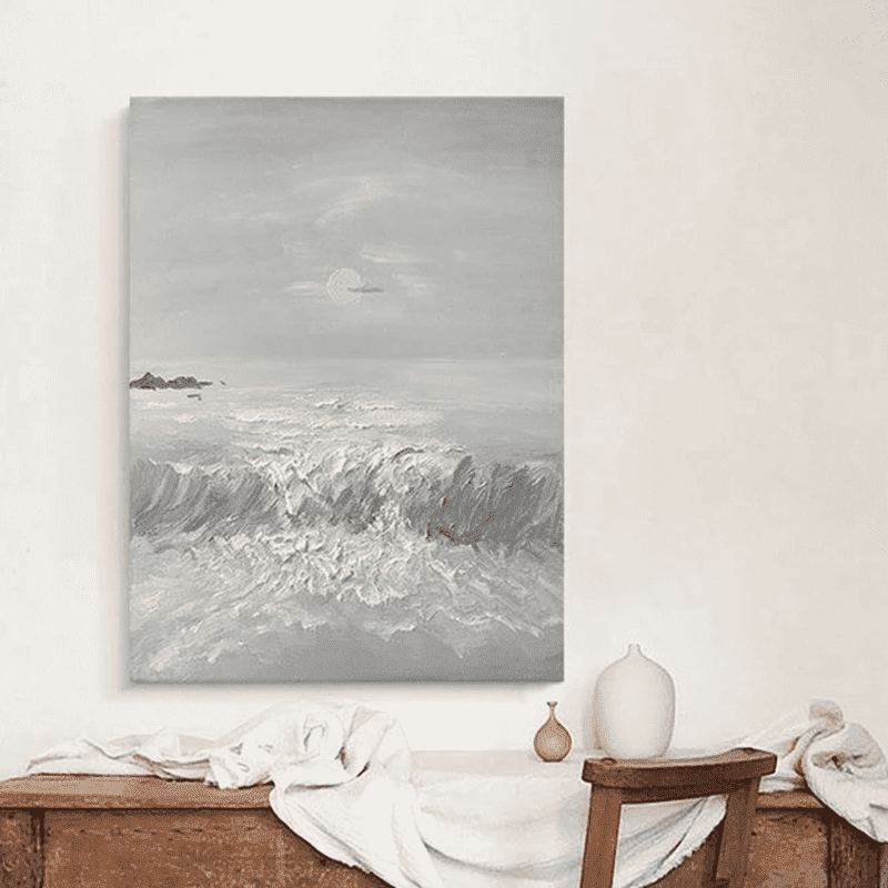 Japandi Seascape: Textured Oil Painting for a Coastal Wabi-Sabi Calm